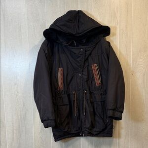 Vintage 90s Women’s Skiing Passport Jacket, Black with Gold Details- M/L